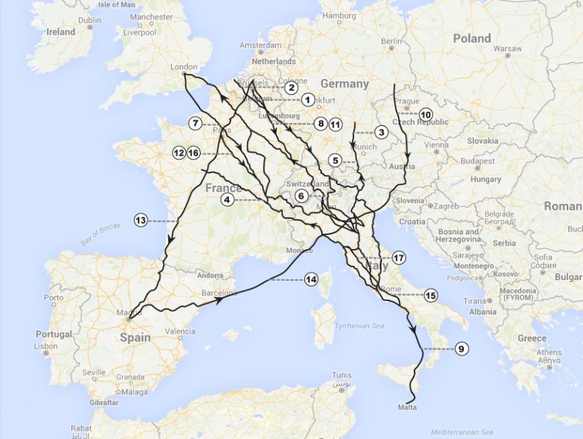 Map of 15-17th c. artists' travels